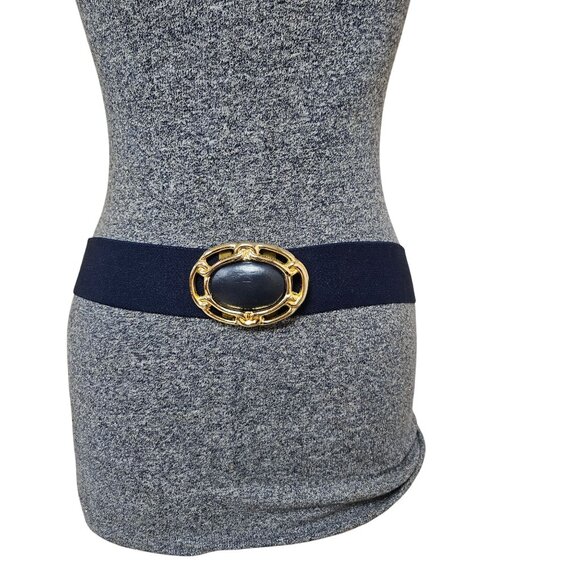 Womens Belt Elastic Cinch Belt Navy Blue Stretch Retro Gold Buckle Statement - Picture 1 of 8